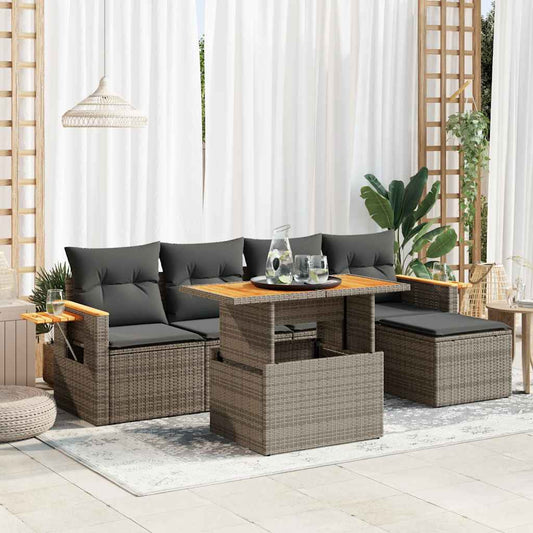 6 Piece Garden Sofa Set with Cushions Grey Poly Rattan Acacia