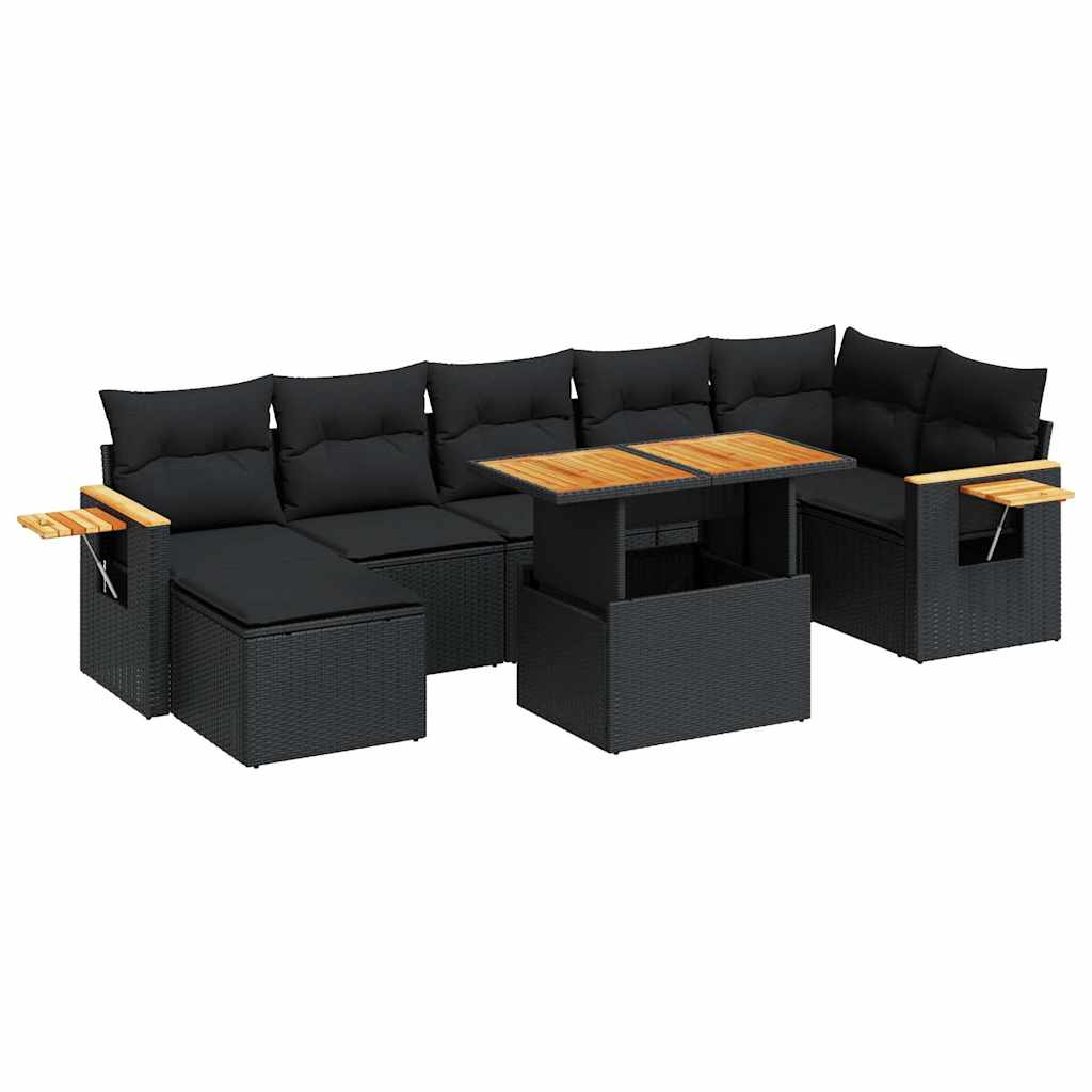 8 Piece Garden Sofa Set with Cushions Black Poly Rattan Acacia