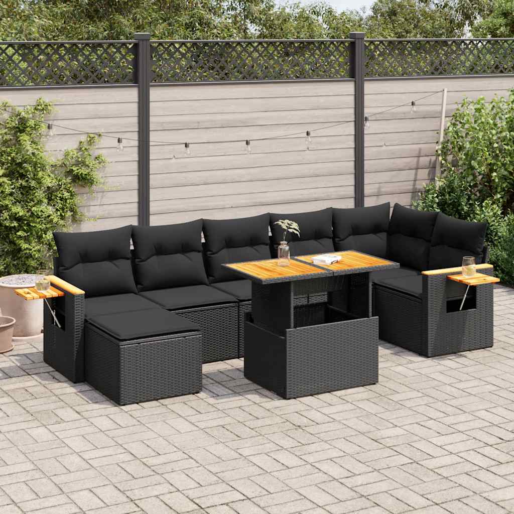 8 Piece Garden Sofa Set with Cushions Black Poly Rattan Acacia