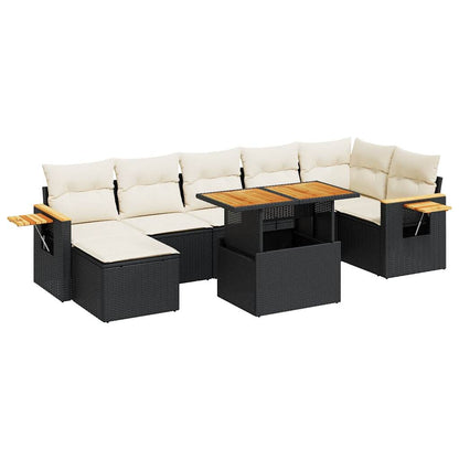 8 Piece Garden Sofa Set with Cushions Black Poly Rattan Acacia