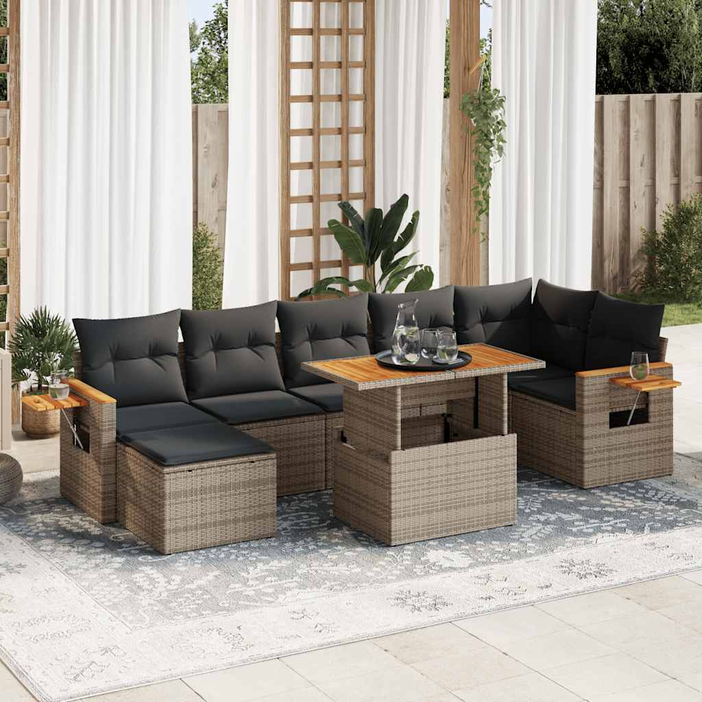 8 Piece Garden Sofa Set with Cushions Grey Poly Rattan Acacia