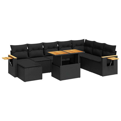 9 Piece Garden Sofa Set with Cushions Black Poly Rattan Acacia