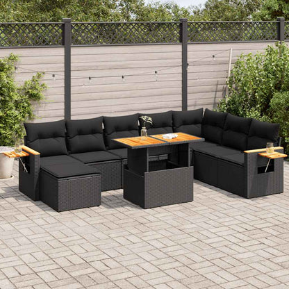 9 Piece Garden Sofa Set with Cushions Black Poly Rattan Acacia