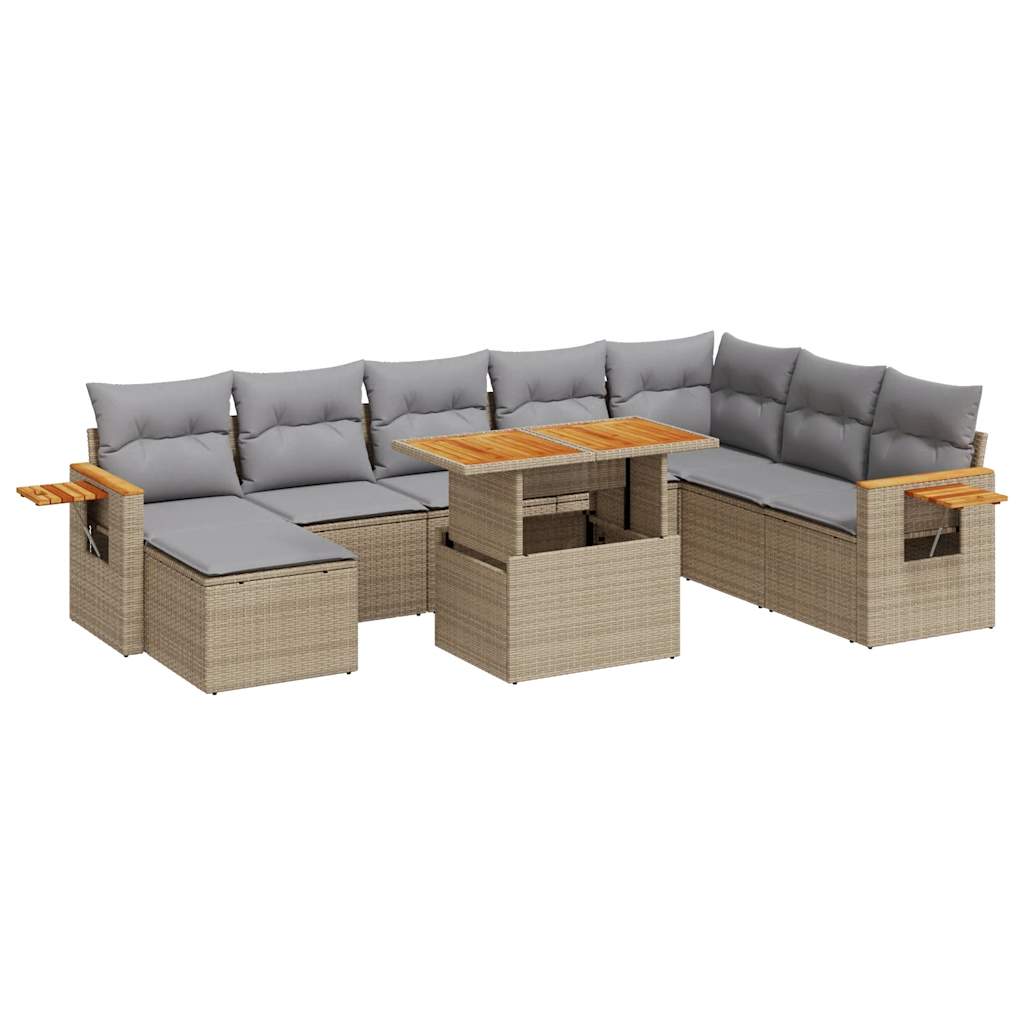 9 Piece Garden Sofa Set with Cushions Beige Poly Rattan Acacia