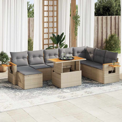 9 Piece Garden Sofa Set with Cushions Beige Poly Rattan Acacia