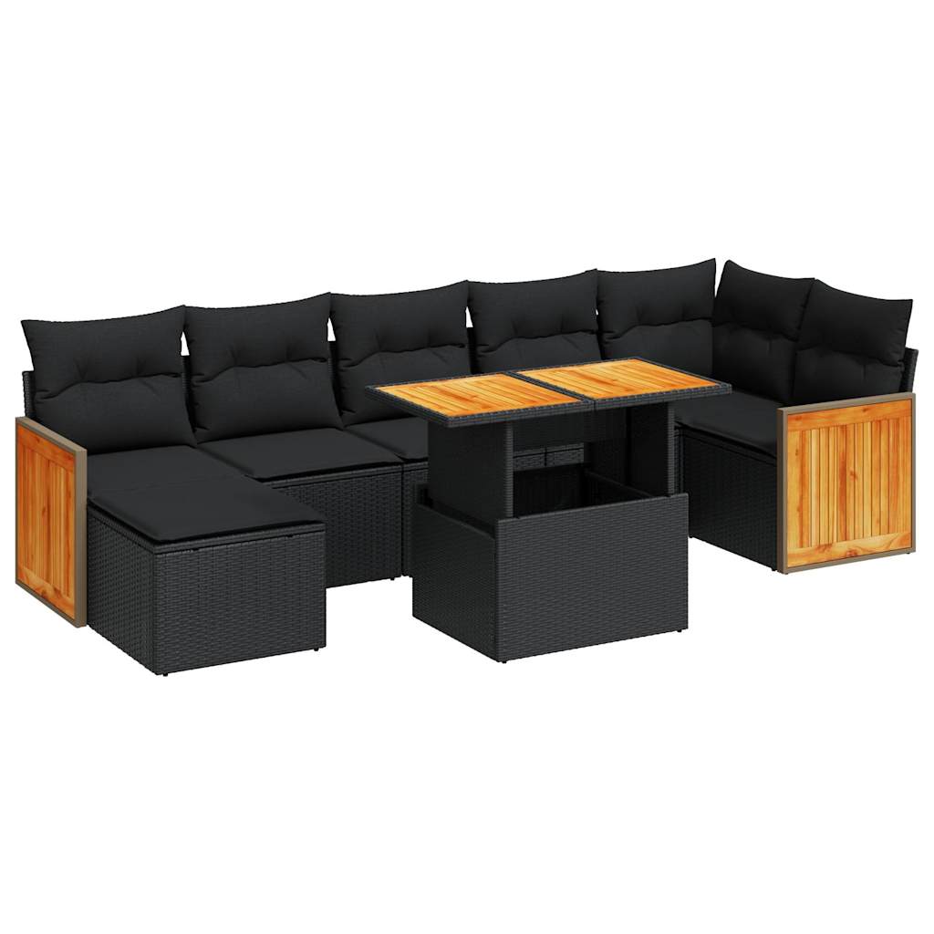 7 Piece Garden Sofa Set with Cushions Black Poly Rattan Acacia