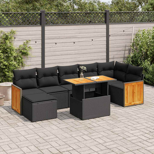 7 Piece Garden Sofa Set with Cushions Black Poly Rattan Acacia