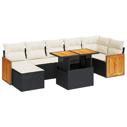 8 Piece Garden Sofa Set with Cushions Black Poly Rattan Acacia