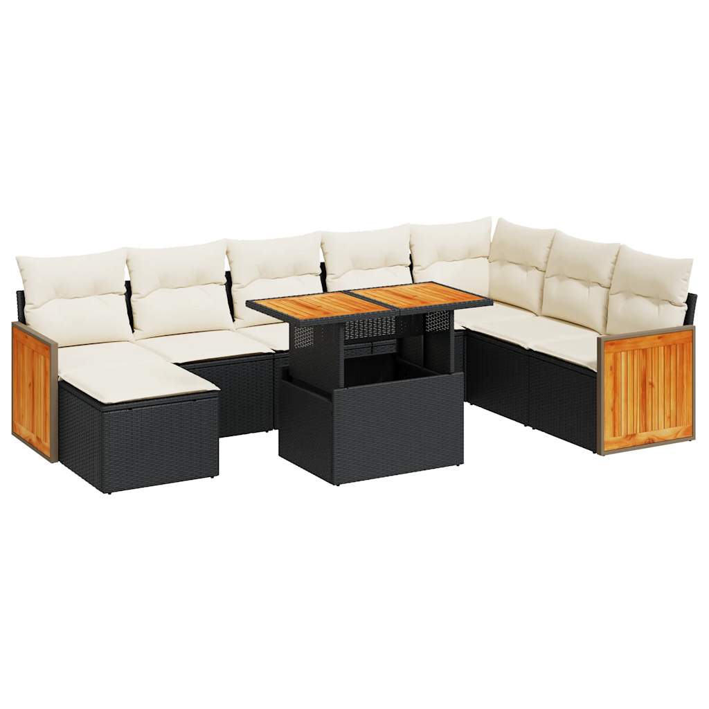 9 Piece Garden Sofa Set with Cushions Black Poly Rattan Acacia