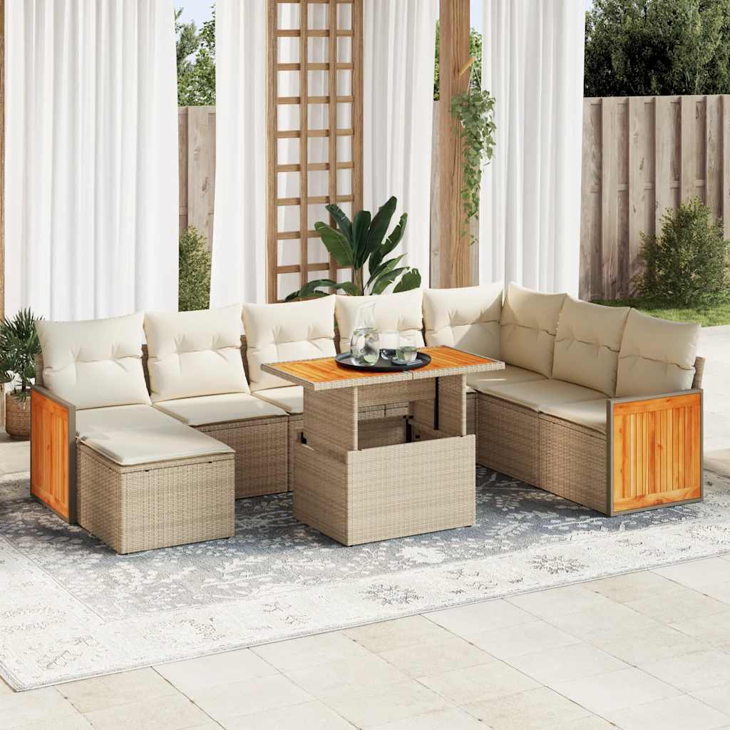 9 Piece Garden Sofa Set with Cushions Beige Poly Rattan Acacia