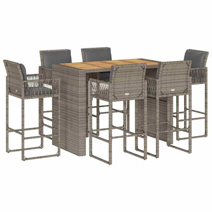 7 Piece Garden Bar Set with Cushions Grey Poly Rattan Acacia