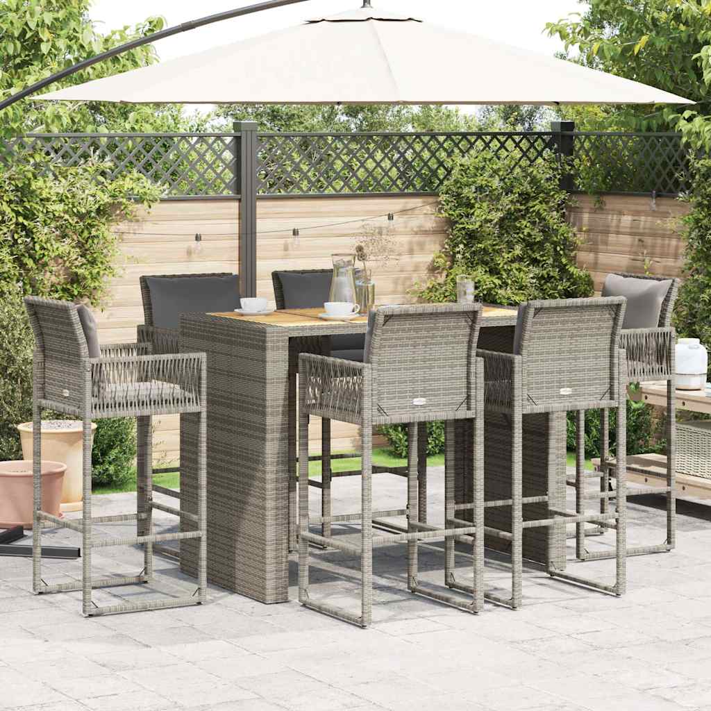 7 Piece Garden Bar Set with Cushions Grey Poly Rattan Acacia