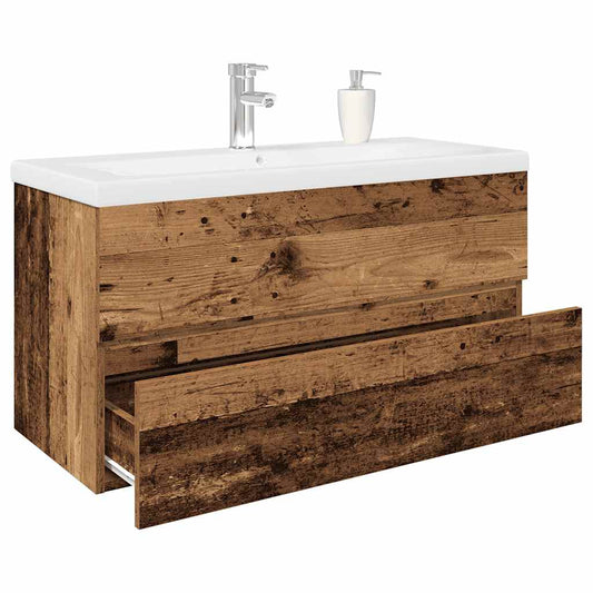 Sink Cabinet with Built-in Basin and Faucet Old Wood