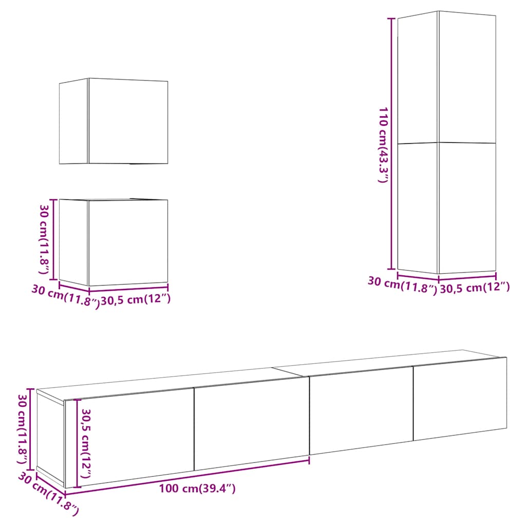 5 Piece TV Cabinet Set Wall-mounted Artisan Oak Engineered Wood