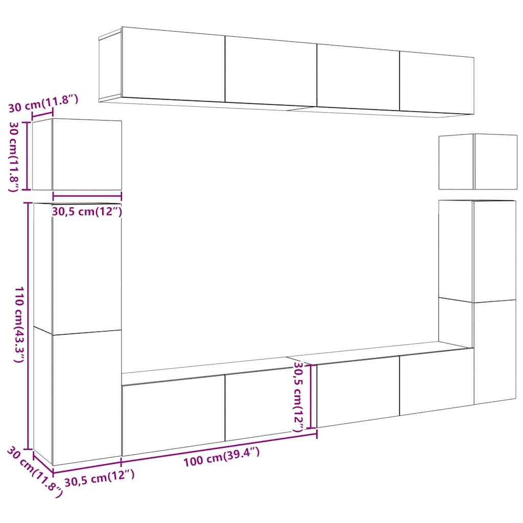 8 Piece TV Cabinet Set Wall-mounted Artisan Oak Engineered Wood