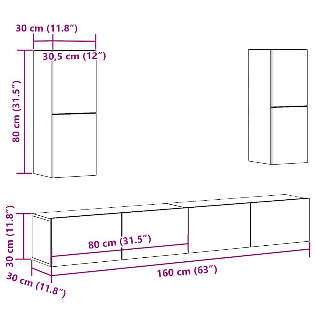 4 Piece TV Cabinet Set Wall-mounted Artisan Oak Engineered Wood