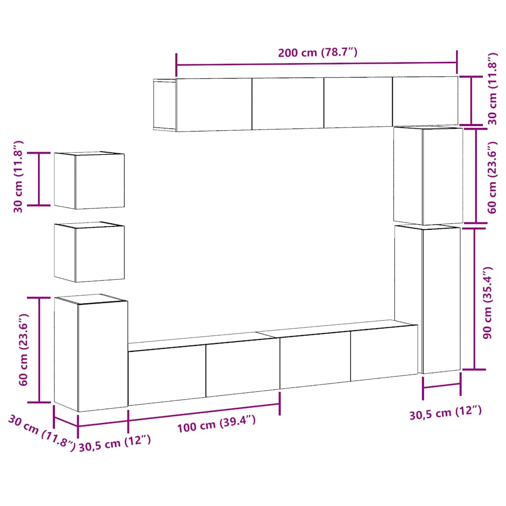 9 Piece TV Cabinet Set Wall-mounted Artisan Oak Engineered Wood