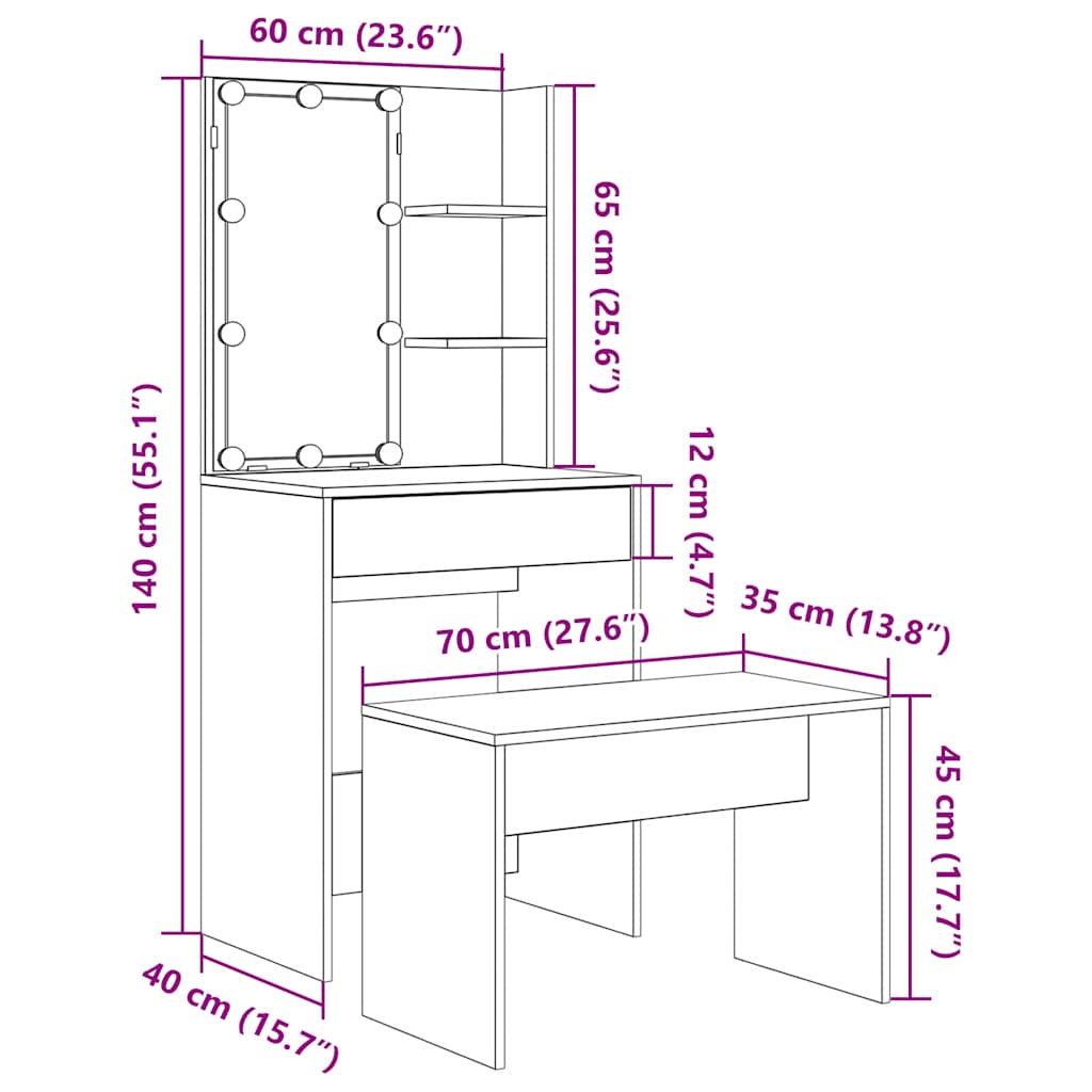 Dressing Table Set with LED Artisan Oak Engineered Wood