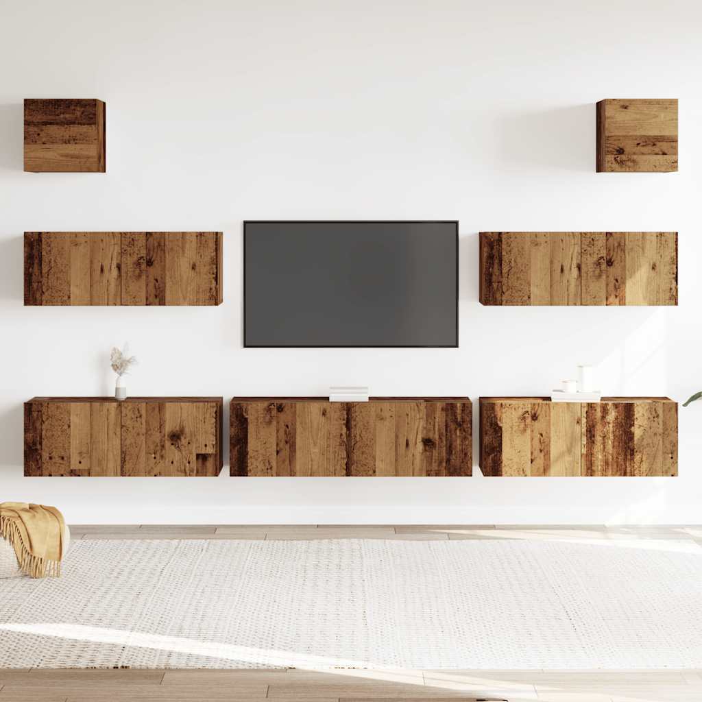 7 Piece TV Cabinet Set Wall-mounted Old Wood Engineered Wood