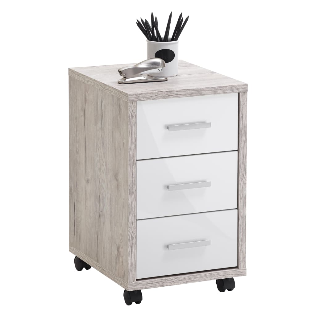 FMD Mobile Drawer Cabinet Sand Oak High Gloss White