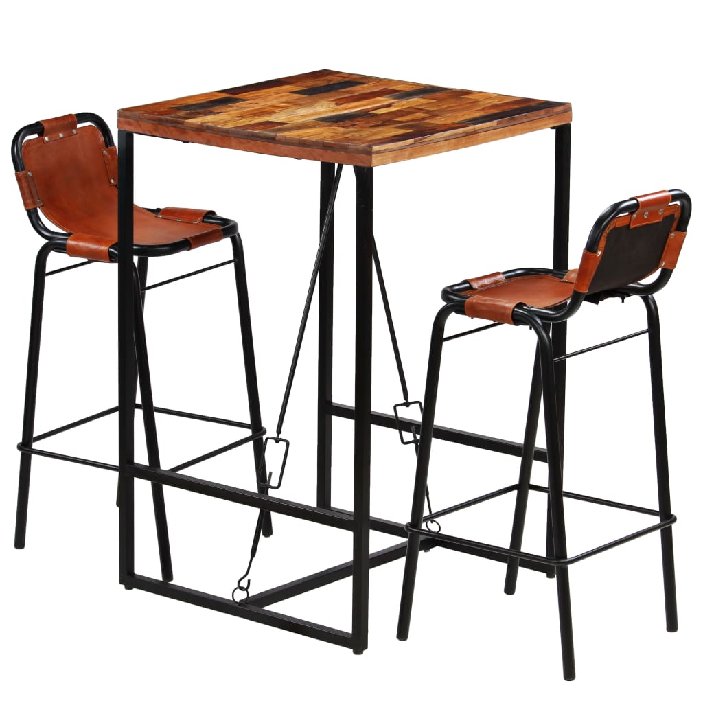 Bar Set 3 Pieces Solid Reclaimed Wood and Genuine Goat Leather