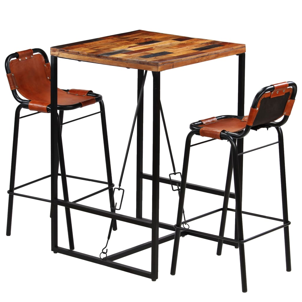 Bar Set 3 Pieces Solid Reclaimed Wood and Genuine Goat Leather