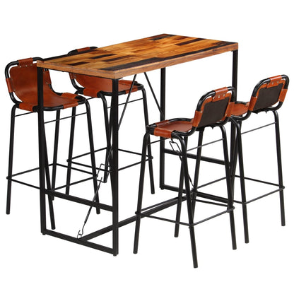 Bar Set 5 Pieces Solid Reclaimed Wood and Genuine Goat Leather