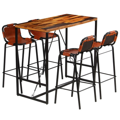 Bar Set 5 Pieces Solid Reclaimed Wood and Genuine Goat Leather