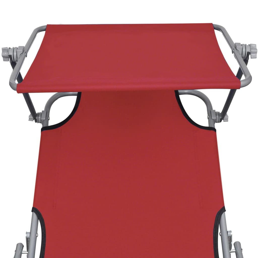 Folding Sun Lounger with Canopy Steel and Fabric Red
