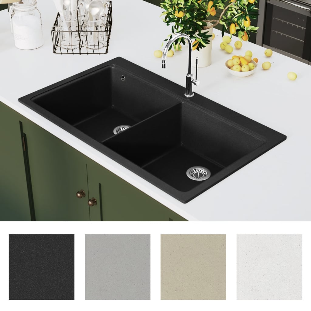 Overmount Kitchen Sink Double Basin Granite Black