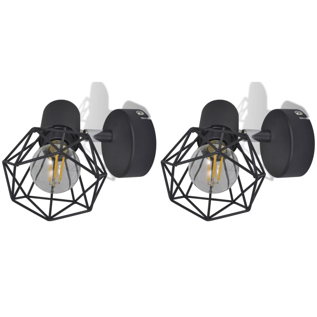 2 Black Industrial Style Wire Frame Wall Sconce with LED Filament Bulb