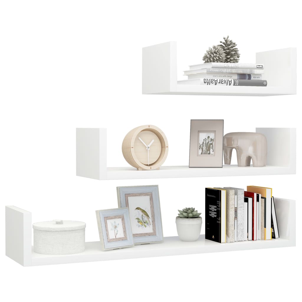 Wall Display Shelf 3 pcs High Gloss White Engineered Wood