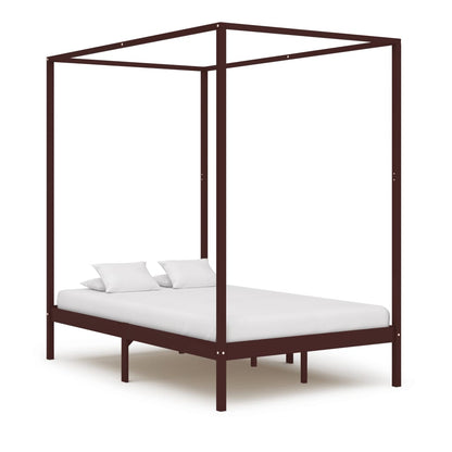 Canopy Bed Frame Dark Brown Solid Pine Wood 140x200 cm