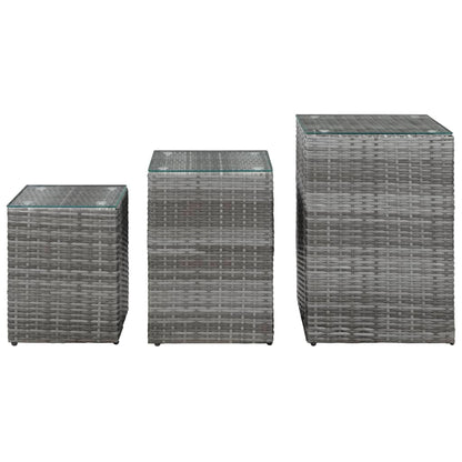 Side Tables 3 pcs with Glass Top Grey Poly Rattan