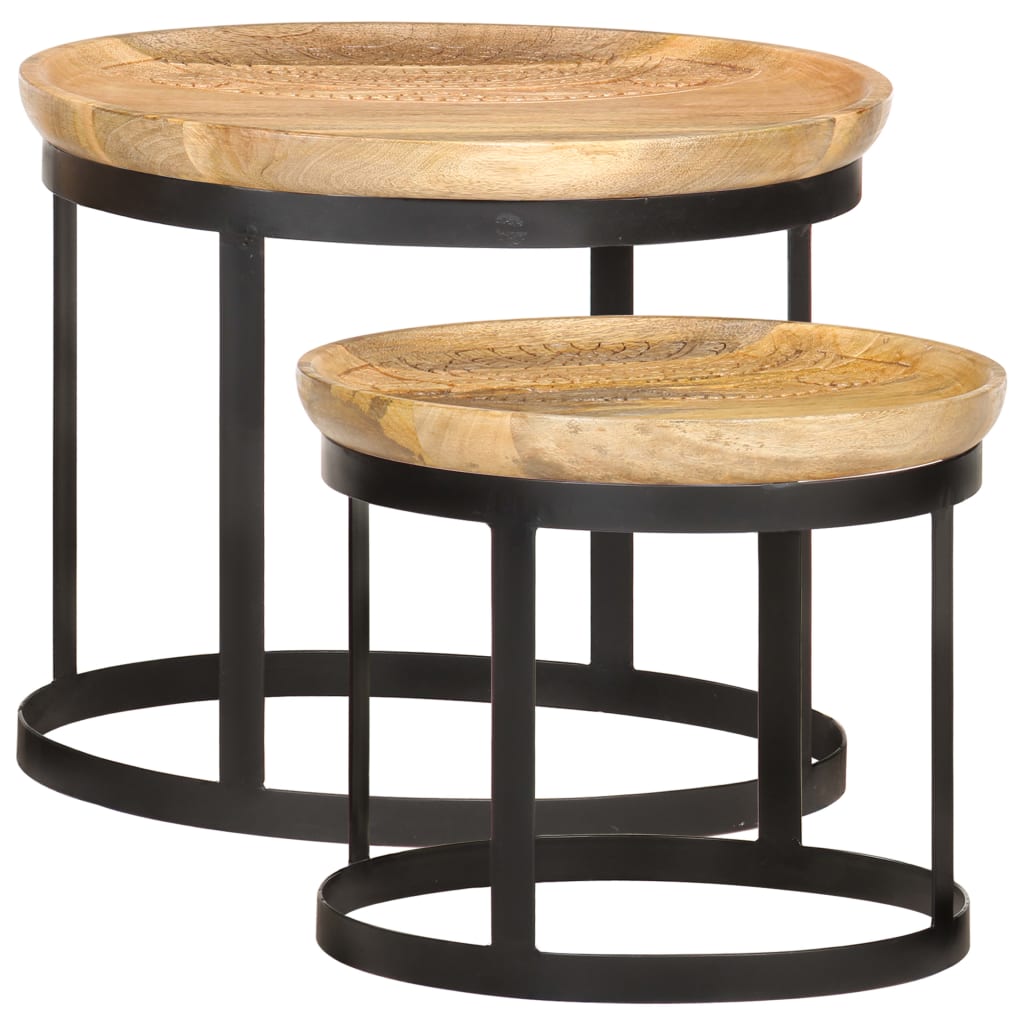 Round Side Tables 2 pcs Solid Mango Wood and Steel