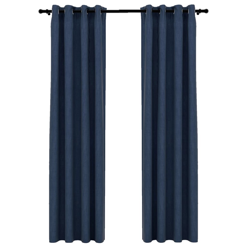 Linen-Look Blackout Curtains with Grommets 2 pcs Blue 140x225cm