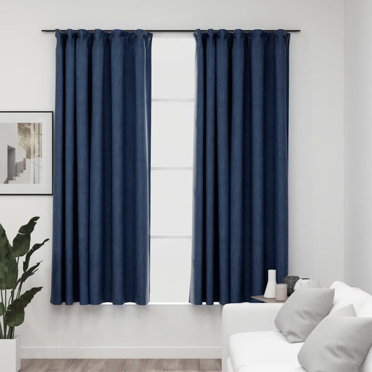 Linen-Look Blackout Curtains with Hooks 2 pcs Blue 140x175 cm