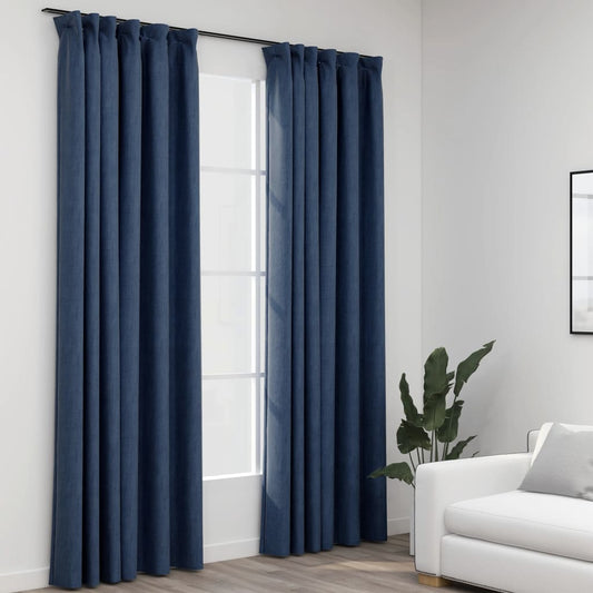 Linen-Look Blackout Curtains with Hooks 2 pcs Blue 140x225 cm
