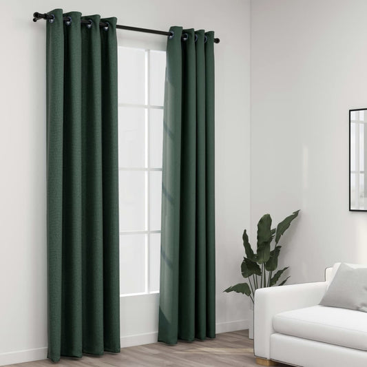 Linen-Look Blackout Curtains with Grommets 2pcs Green 140x245cm
