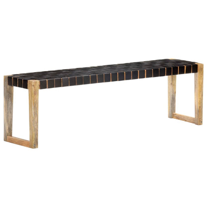 Bench 150 cm Black Real Leather and Solid Mango Wood