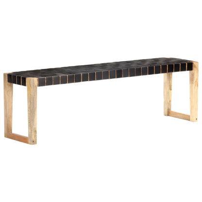 Bench 150 cm Black Real Leather and Solid Mango Wood