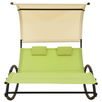 Double Sun Lounger with Canopy Textilene Green and Cream
