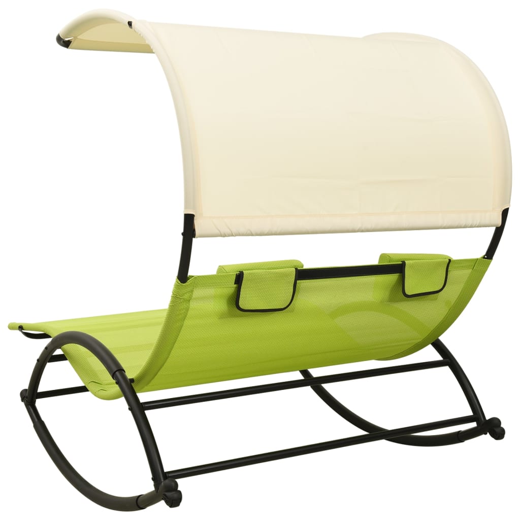 Double Sun Lounger with Canopy Textilene Green and Cream