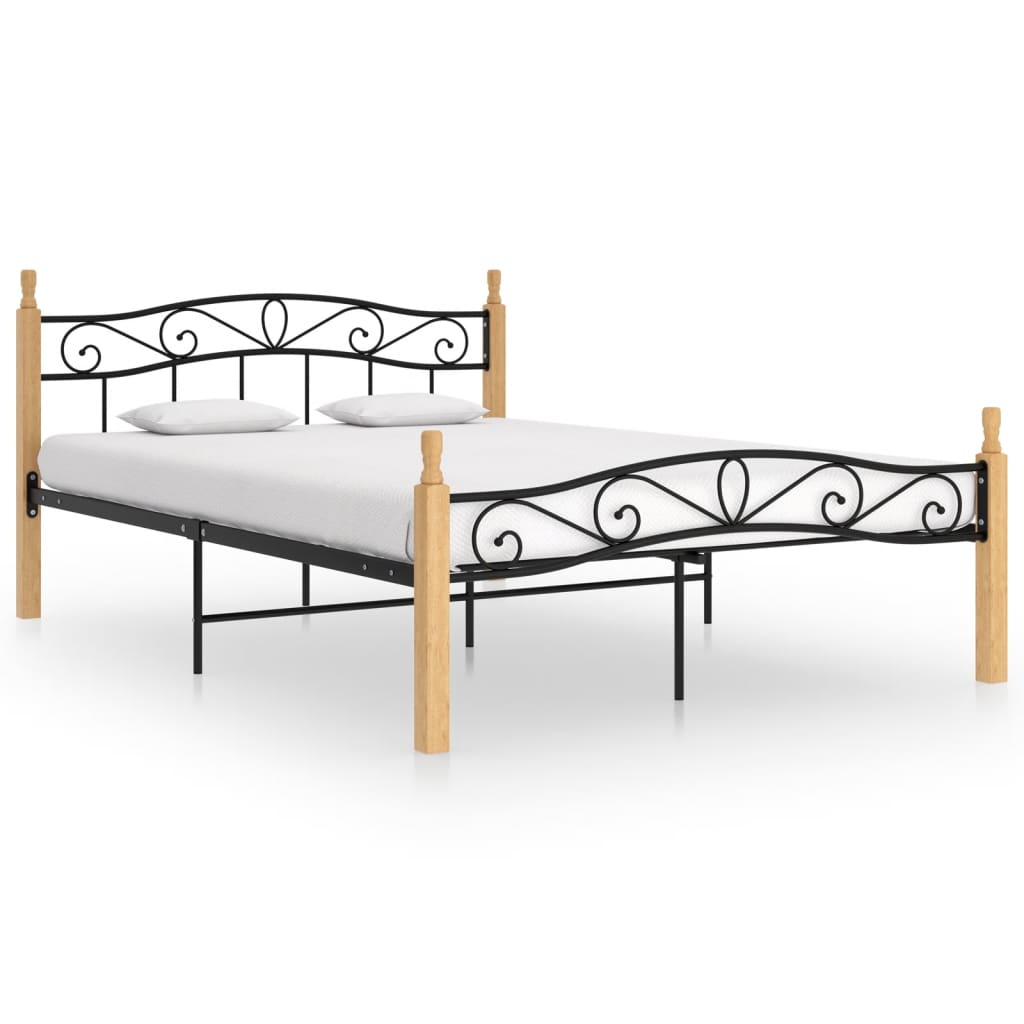 Bed Frame Black Metal and Solid Oak Wood 140x200 cm