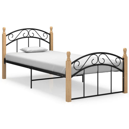 Bed Frame Black Metal and Solid Oak Wood 100x200 cm