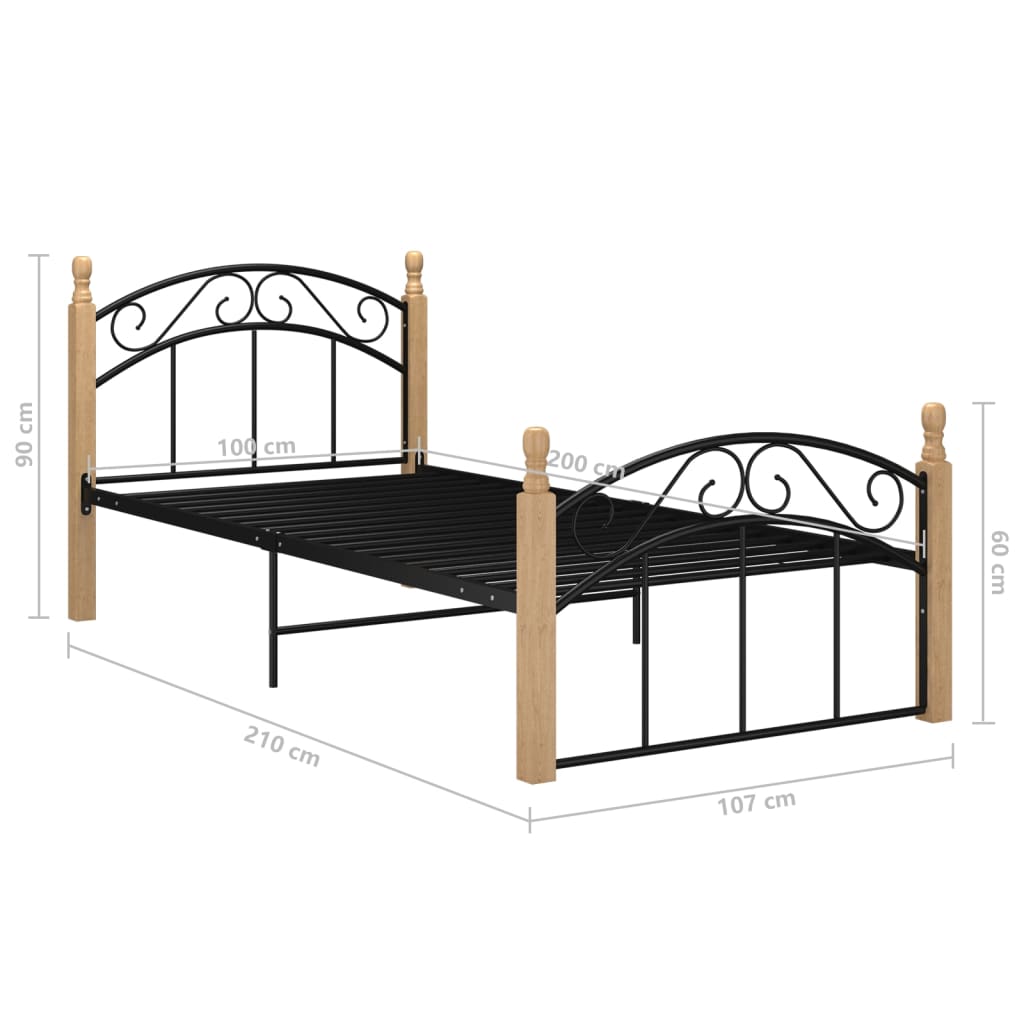 Bed Frame Black Metal and Solid Oak Wood 100x200 cm