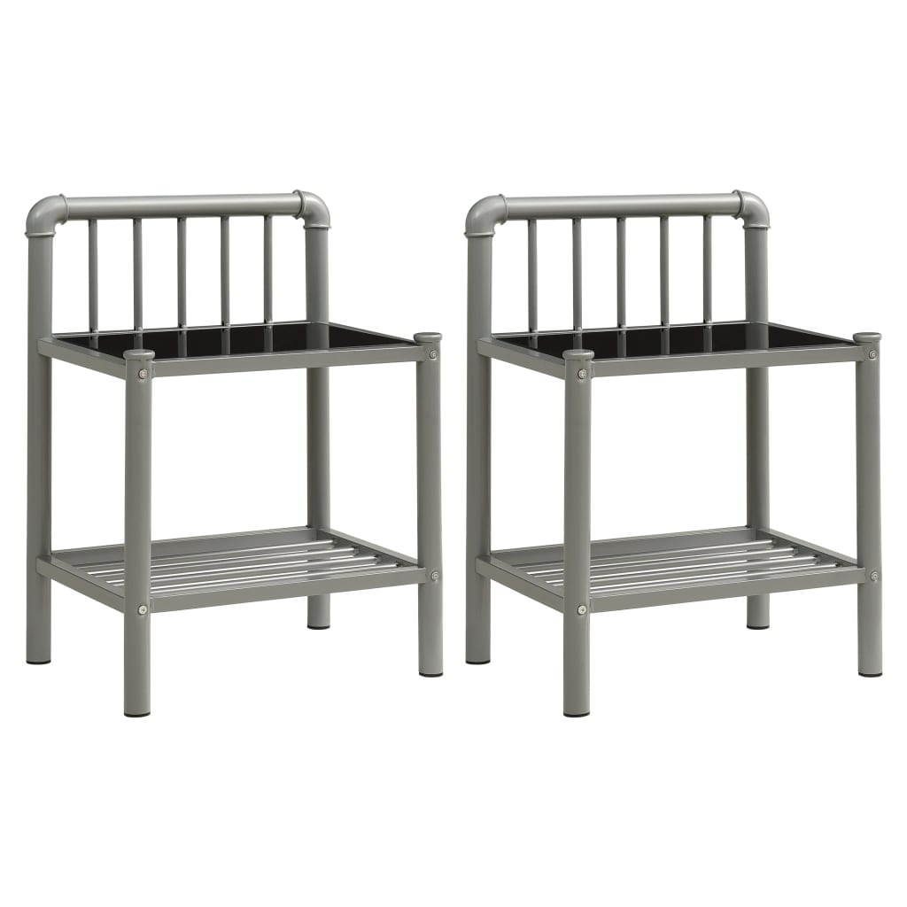 Bedside Cabinets 2 pcs Grey and Black Metal and Glass
