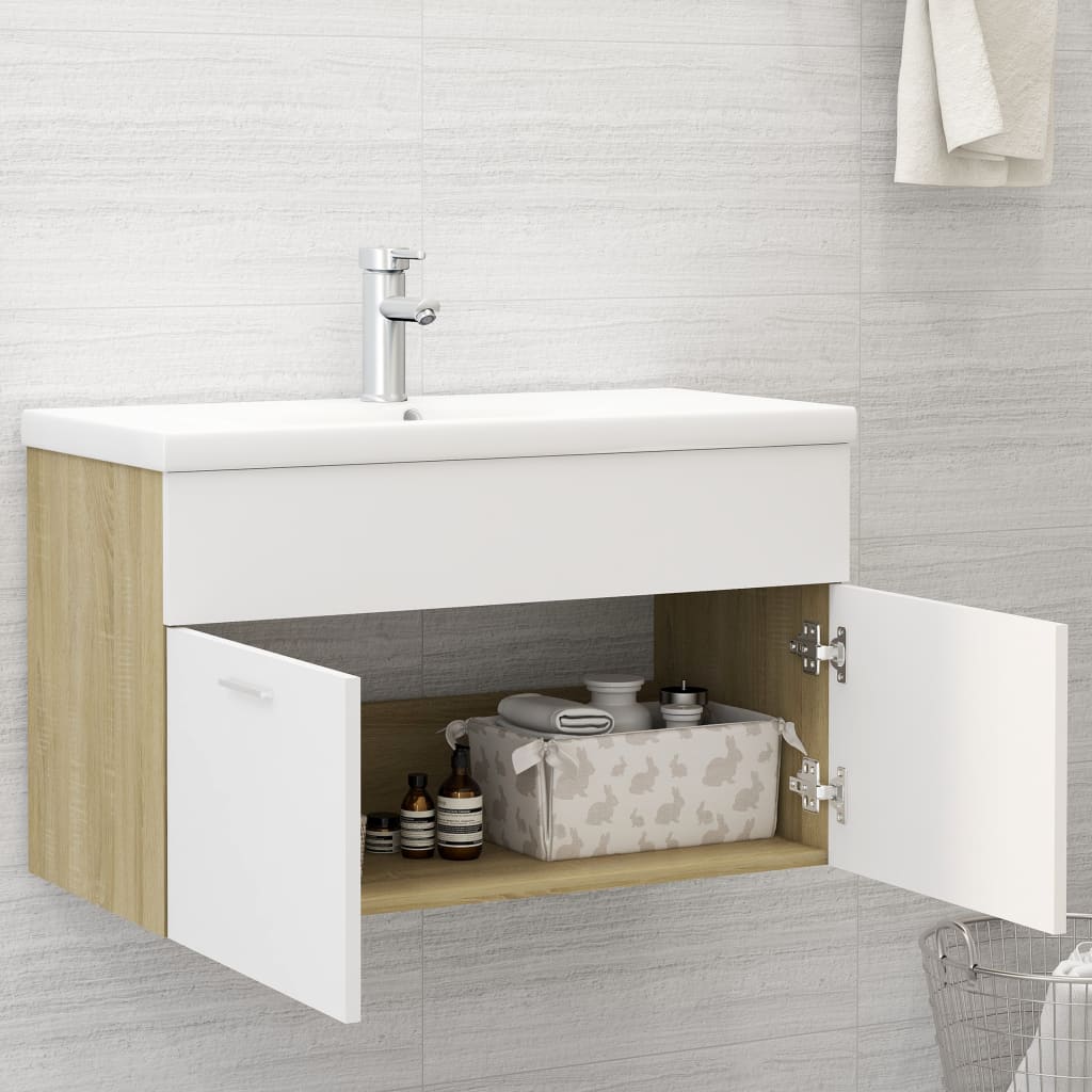 Sink Cabinet White and Sonoma Oak 80x38.5x46 cm Engineered Wood