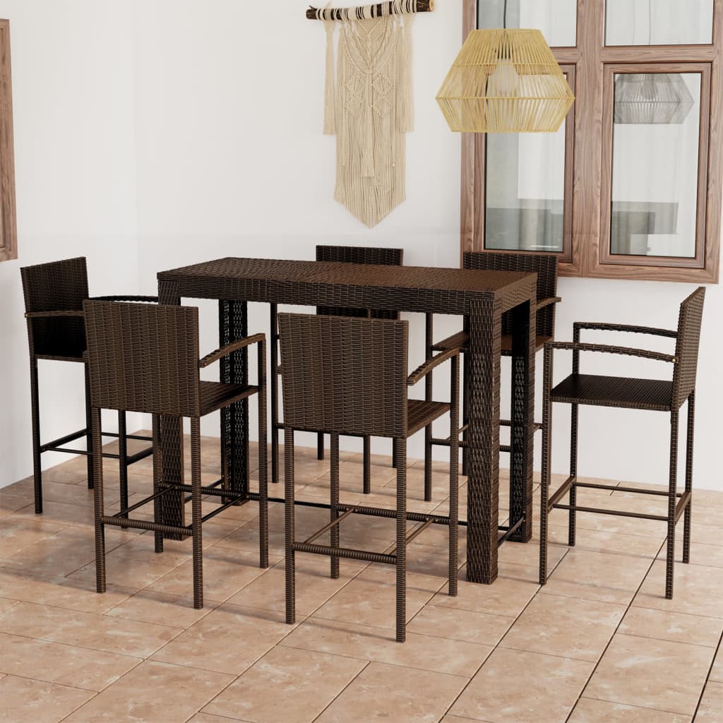 7 Piece Outdoor Bar Set with Armrest Poly Rattan Brown