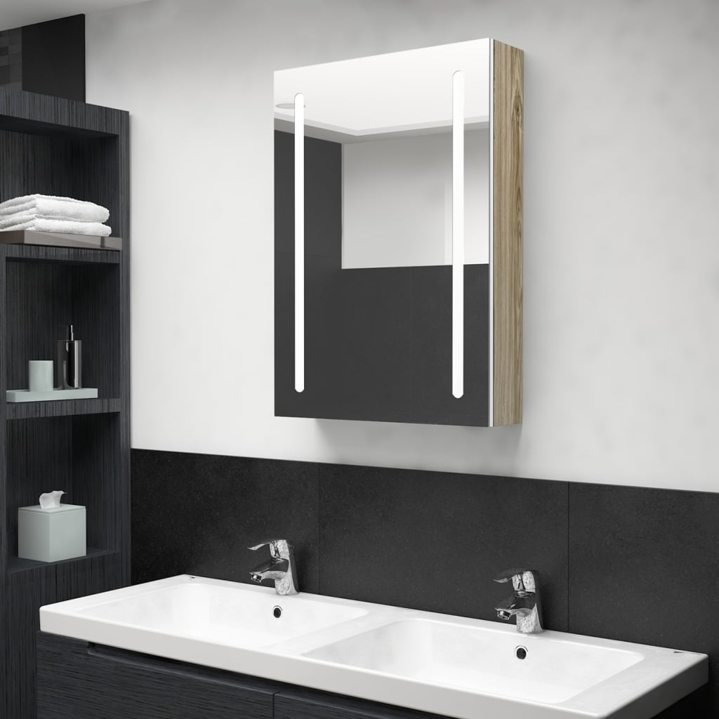 LED Bathroom Mirror Cabinet White and Oak 50x13x70 cm